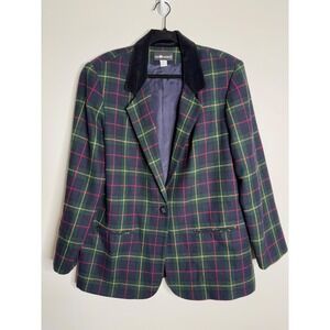 Vintage Sag Harbor Plaid Blazer Wool Blend Velvet Collar Sz 16 Preppy Academia